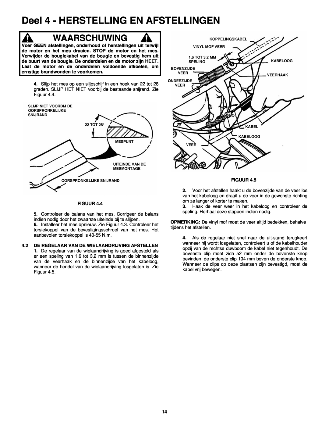 Snapper ERP217019BV manual Deel 4 - HERSTELLING EN AFSTELLINGEN, Waarschuwing 