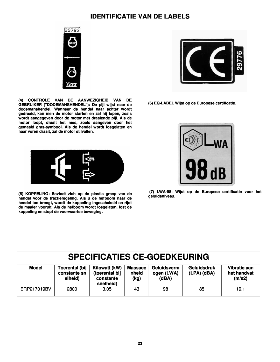 Snapper ERP217019BV manual Specificaties Ce-Goedkeuring, Identificatie Van De Labels 