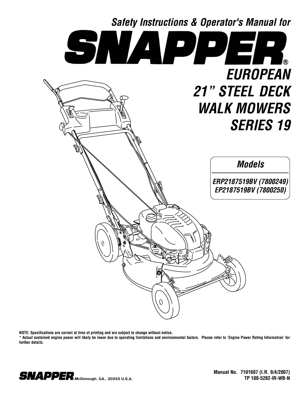 Snapper ERP2187519BV, EP2187519BV specifications European 21 Steel Deck Walk Mowers Series 