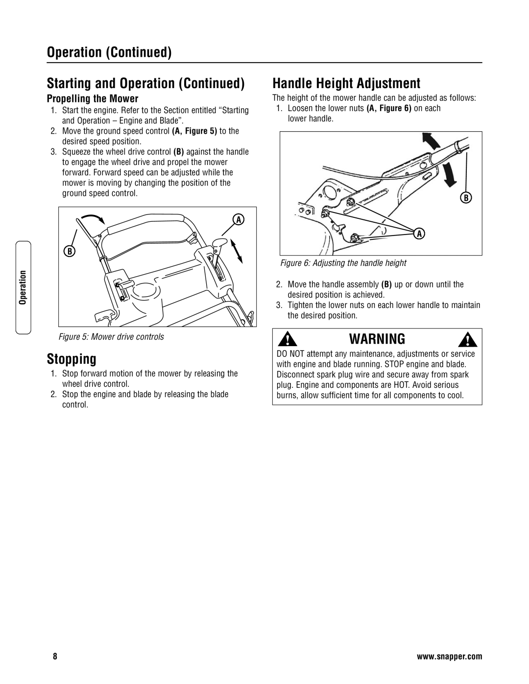 Snapper ERP2187519BV, EP2187519BV specifications Operation, Stopping, Propelling the Mower 