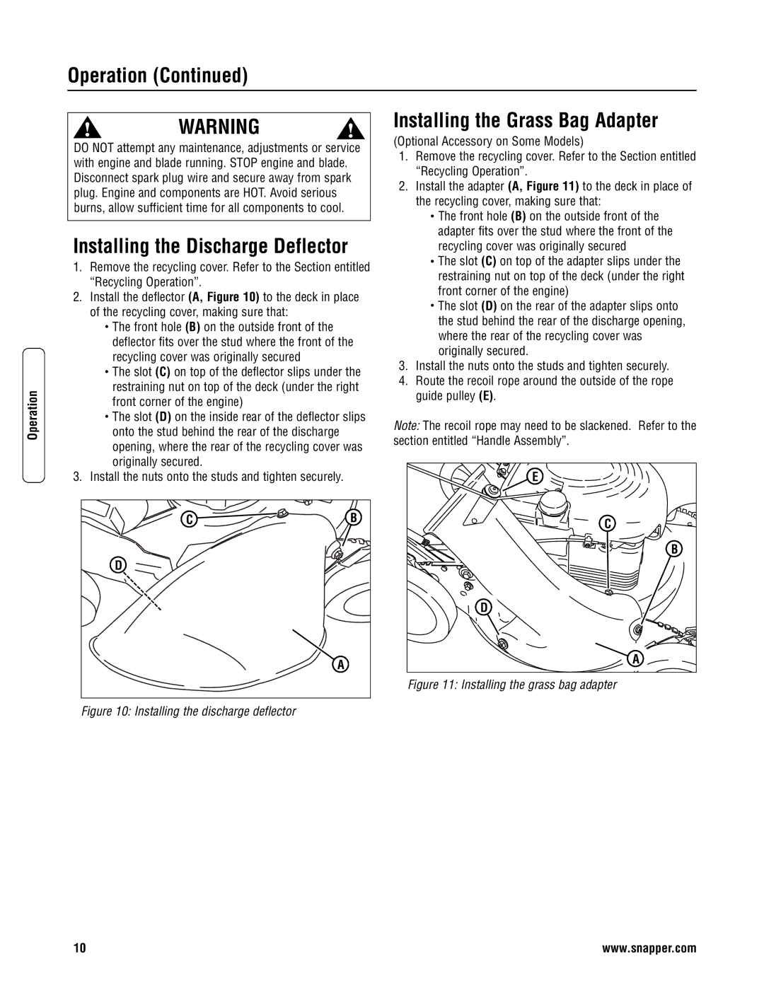 Snapper ERP2187519BV, EP2187519BV specifications Installing the Discharge Deflector, Installing the Grass Bag Adapter 