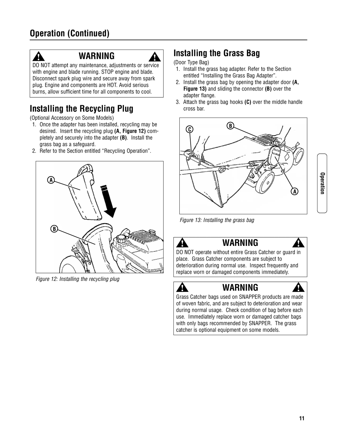 Snapper ERP2187519BV, EP2187519BV specifications Installing the Recycling Plug, Installing the Grass Bag 