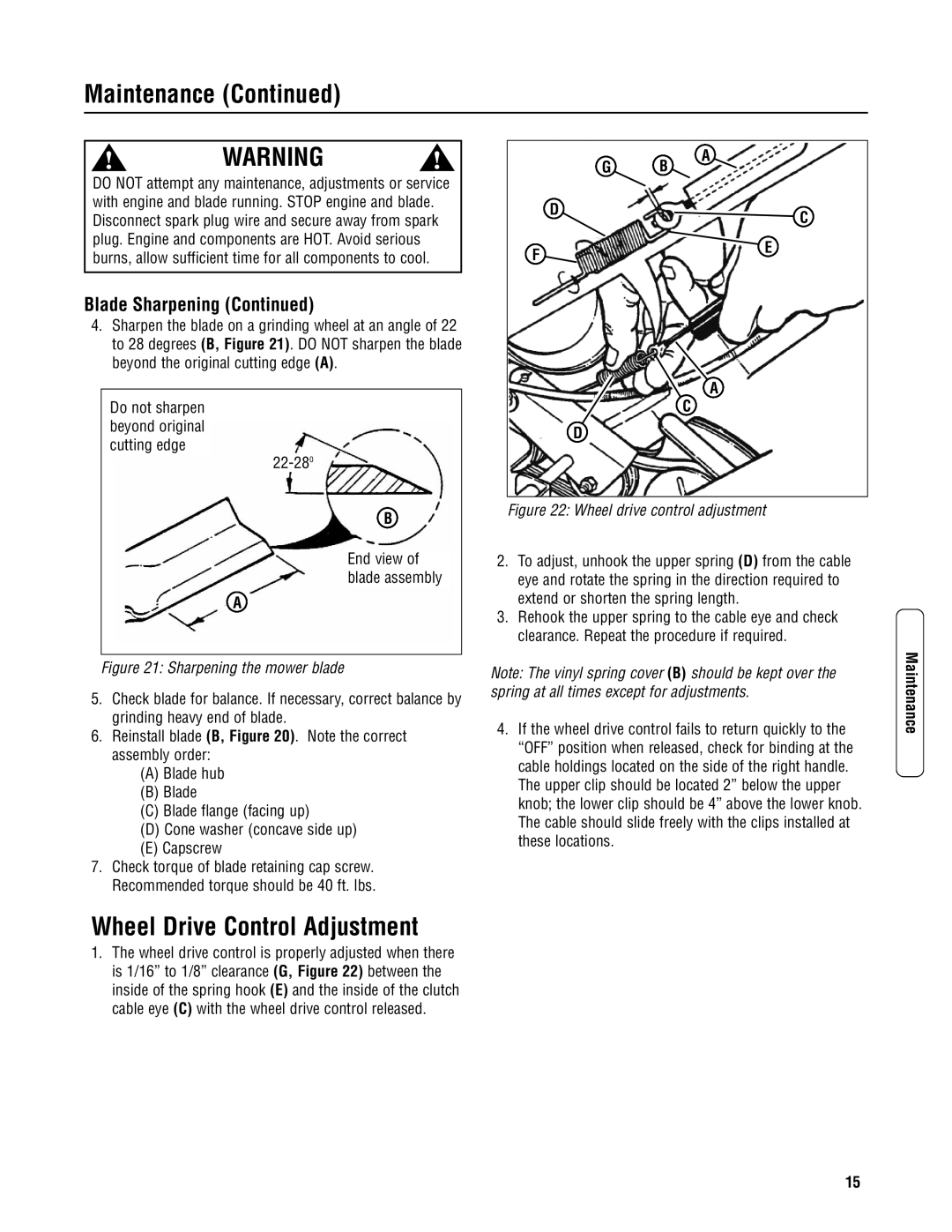 Snapper ERP2187519BV, EP2187519BV specifications Wheel Drive Control Adjustment, Sharpening the mower blade 