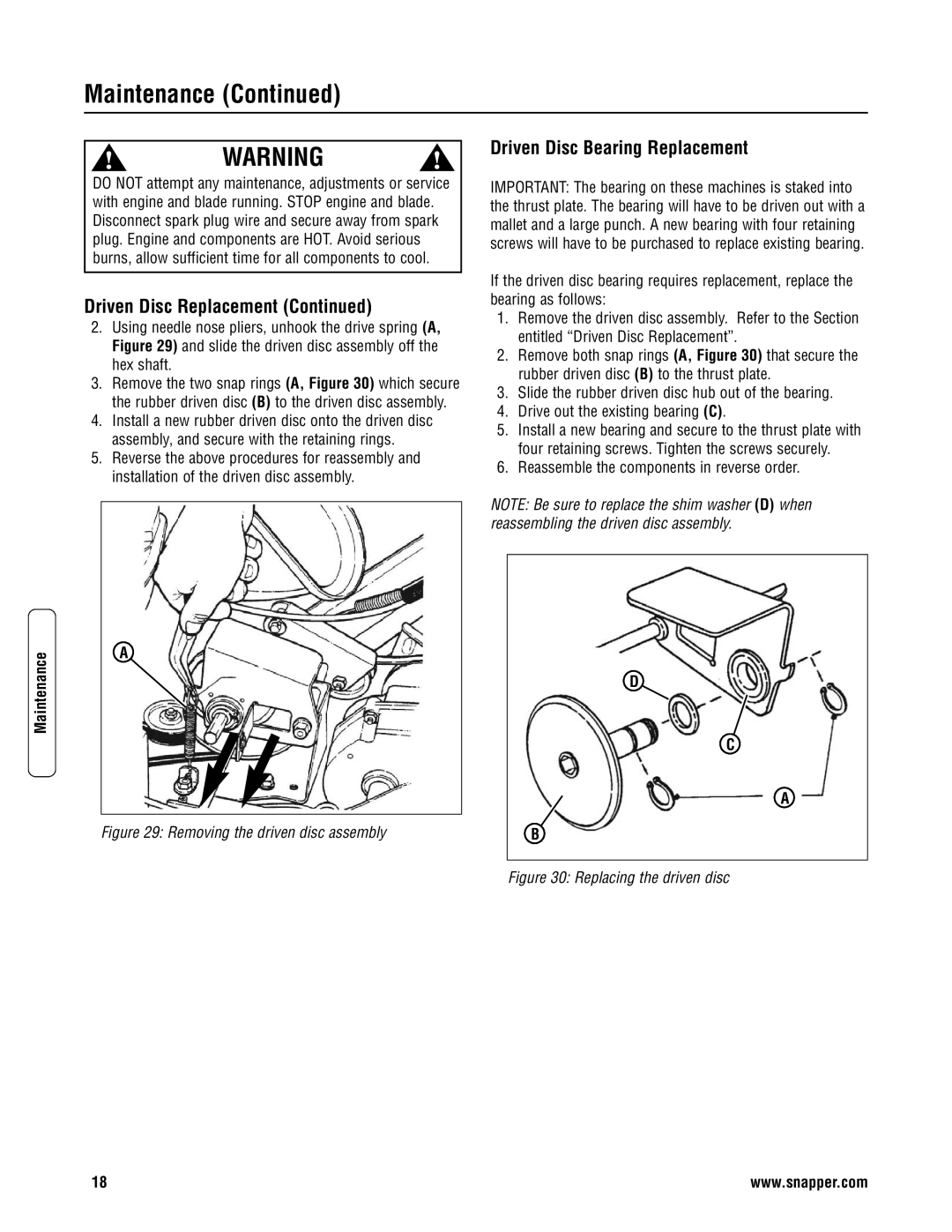 Snapper ERP2187519BV, EP2187519BV specifications Driven Disc Bearing Replacement, Removing the driven disc assembly 