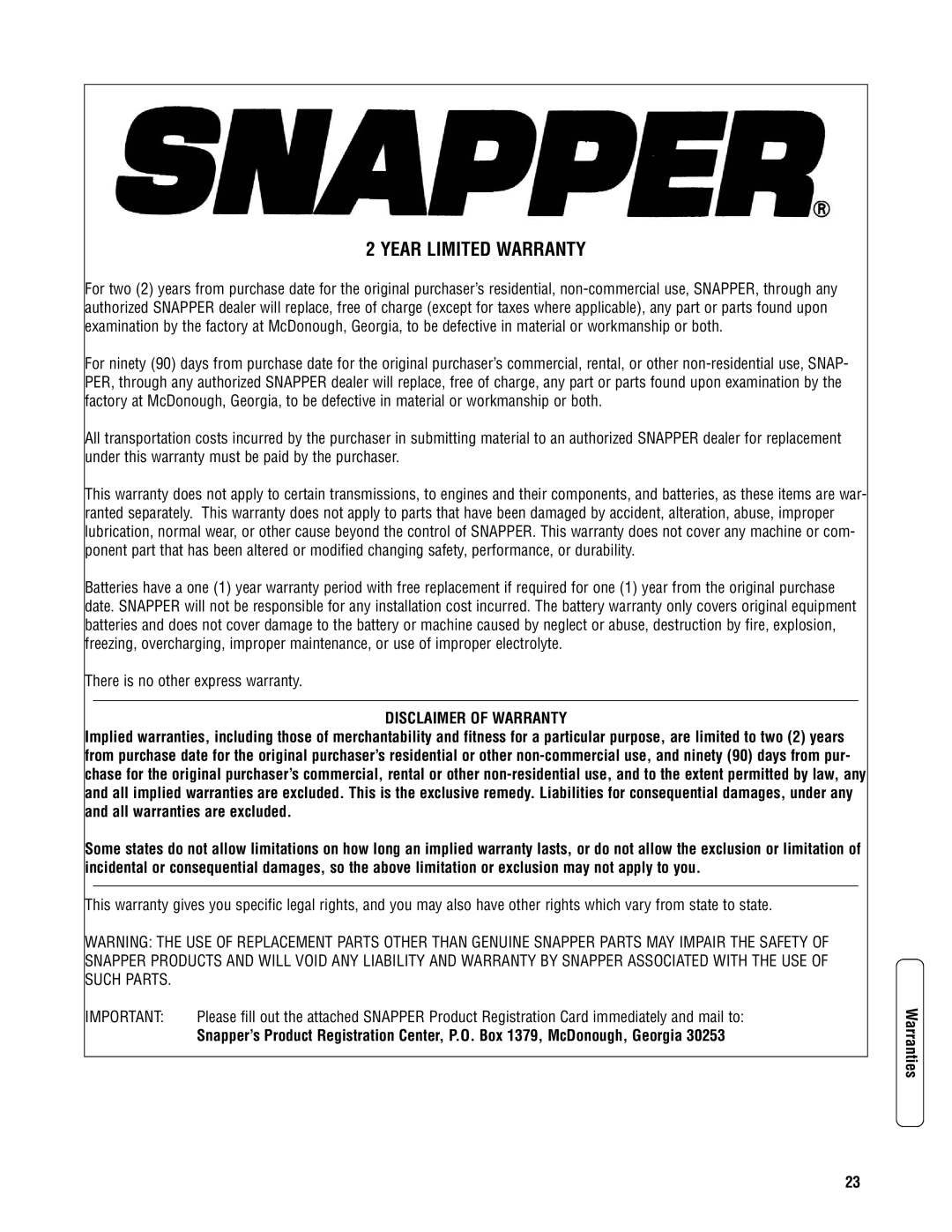 Snapper ERP2187519BV, EP2187519BV specifications Year Limited Warranty 