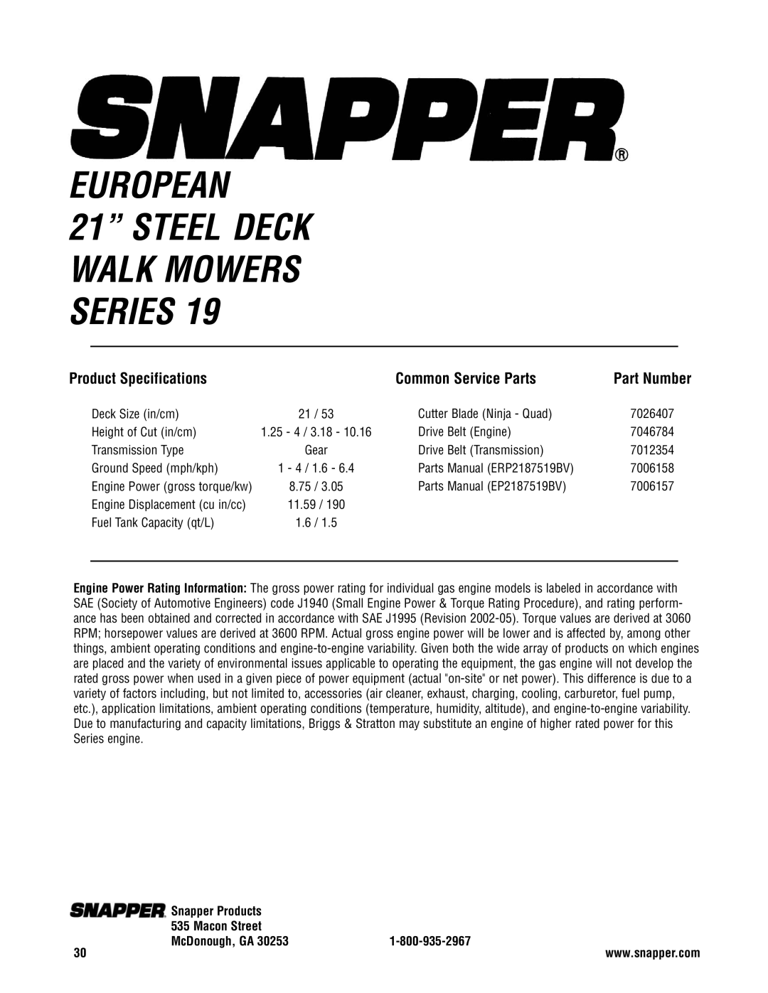 Snapper ERP2187519BV, EP2187519BV specifications European, Product Specifications Common Service Parts 