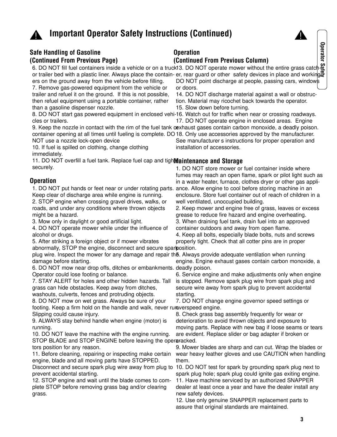 Snapper ERP2187519BV, EP2187519BV Safe Handling of Gasoline From Previous, Operation From Previous Column 