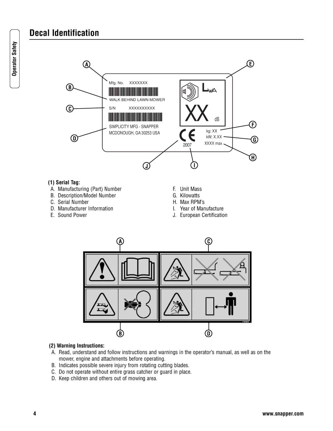 Snapper ERP2187519BV, EP2187519BV specifications Decal Identification, MCDONOUGH, GA 30253 USA 