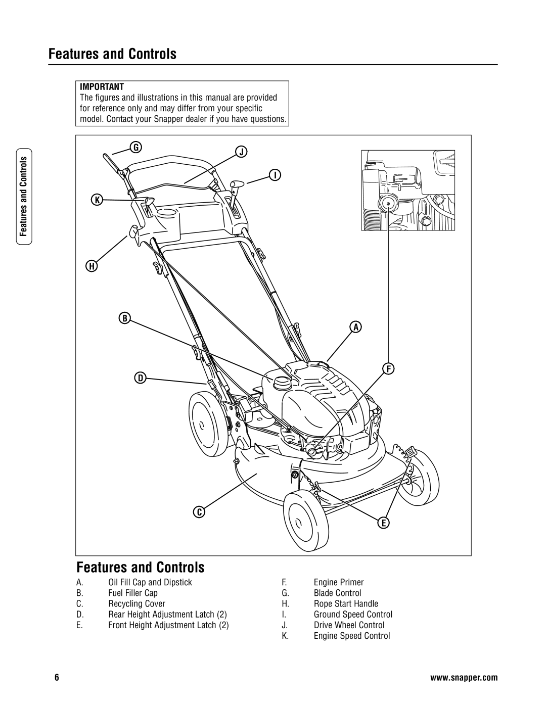 Snapper ERP2187519BV, EP2187519BV specifications Features and Controls 