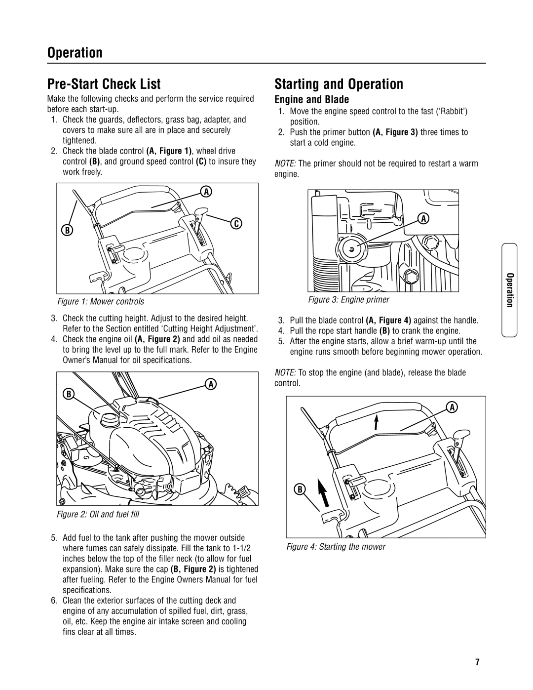 Snapper ERP2187519BV, EP2187519BV specifications Operation Pre-Start Check List, Starting and Operation, Engine and Blade 