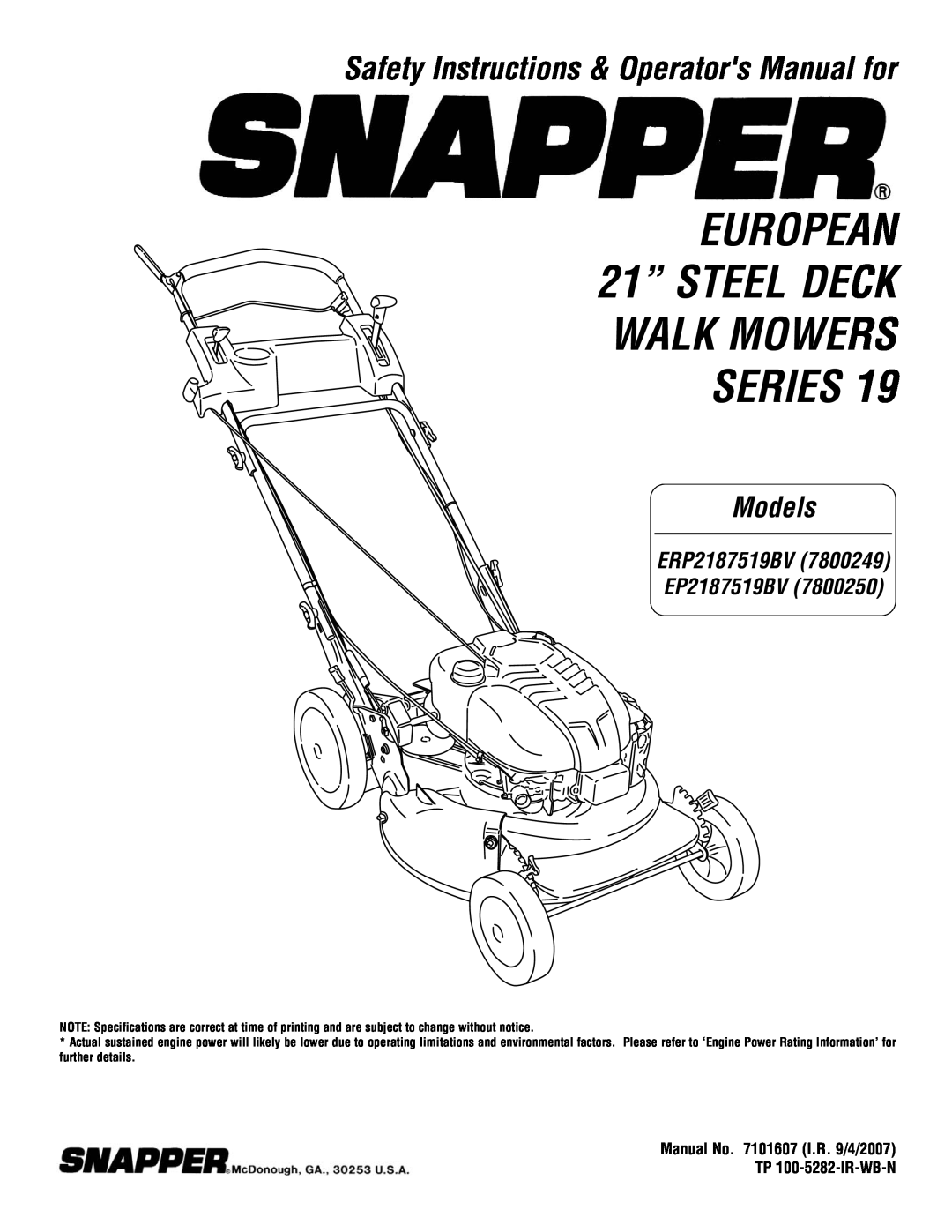 Snapper ERP2187519BV, EP2187519BV specifications EUROPEAN 21” STEEL DECK WALK MOWERS SERIES, Models 