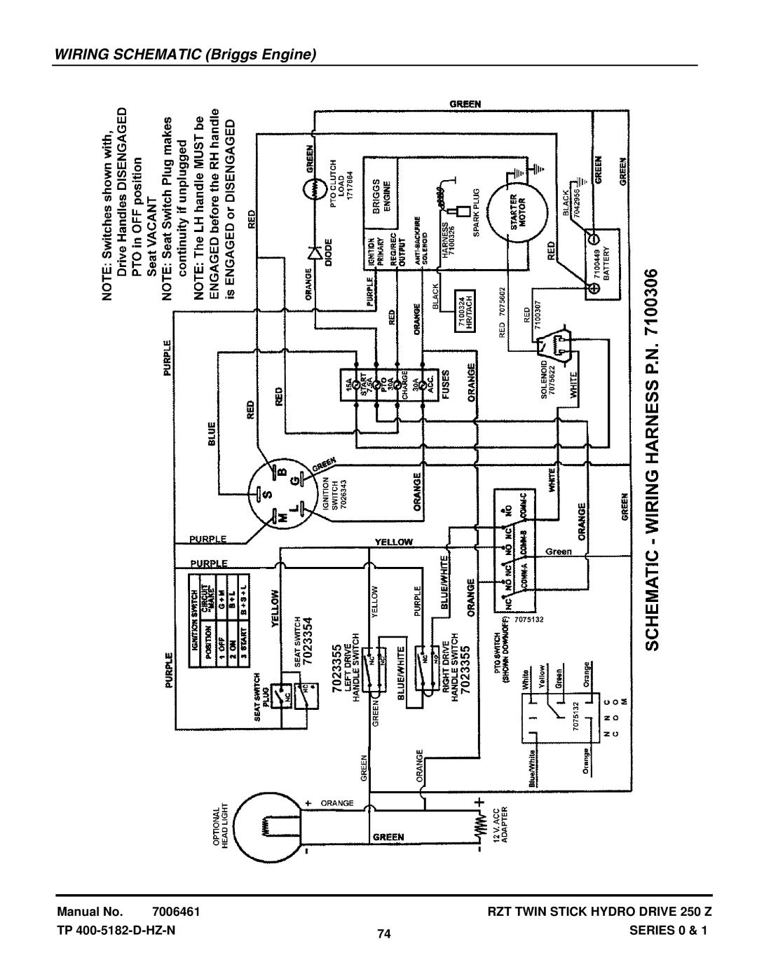 Snapper ERZT185440BVE, ERZT20441BVE2, RZT22500BVE2, RZT22501BVE2 manual Wiring Schematic Briggs Engine 