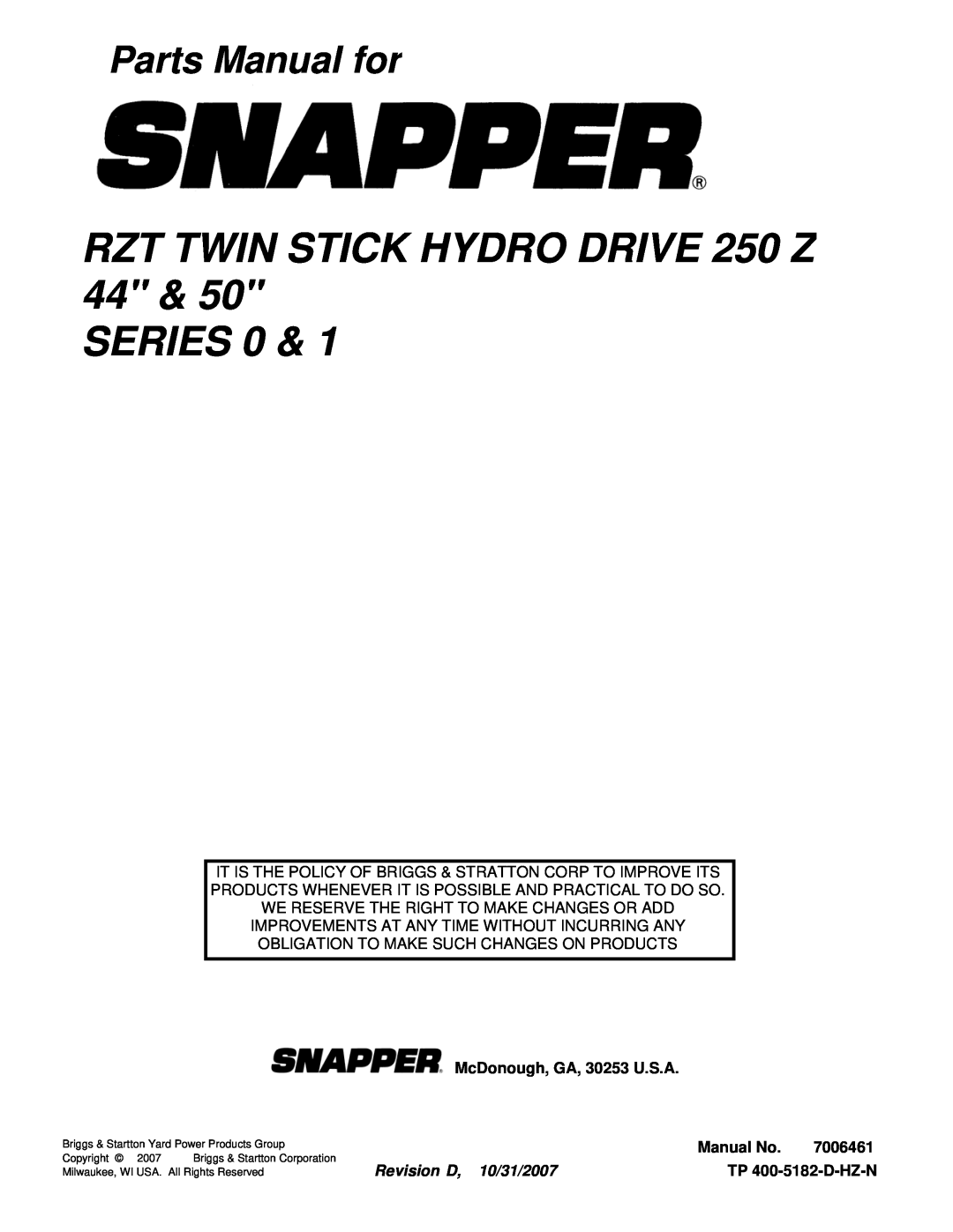 Snapper ERZT185440BVE, ERZT20441BVE2, RZT22500BVE2, RZT22501BVE2 manual RZT TWIN STICK HYDRO DRIVE 250 Z 44 & SERIES 0 