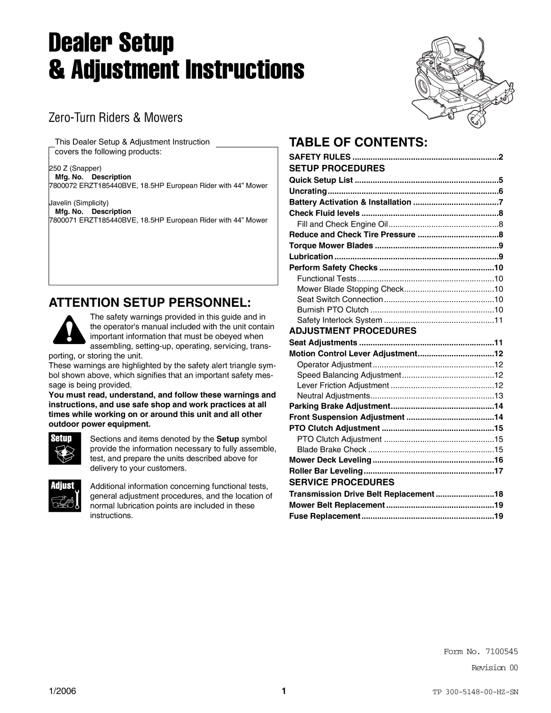 Snapper ERZT185440BVE manual Dealer Setup Adjustment Instructions, Table of Contents 