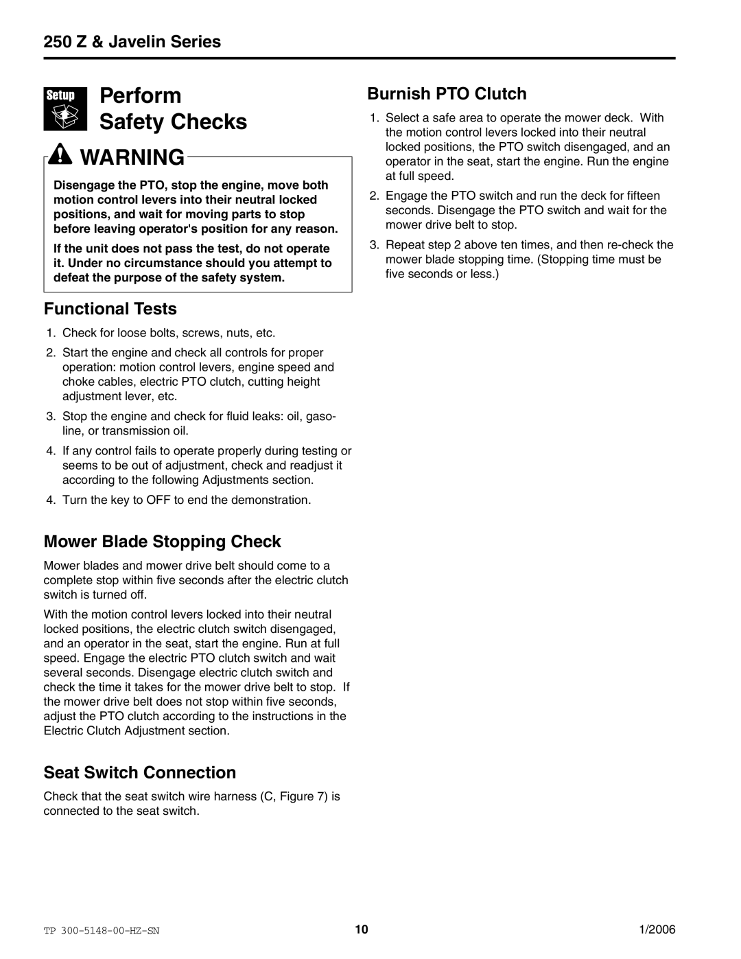 Snapper ERZT185440BVE manual Perform Safety Checks, Burnish PTO Clutch, Functional Tests, Mower Blade Stopping Check 