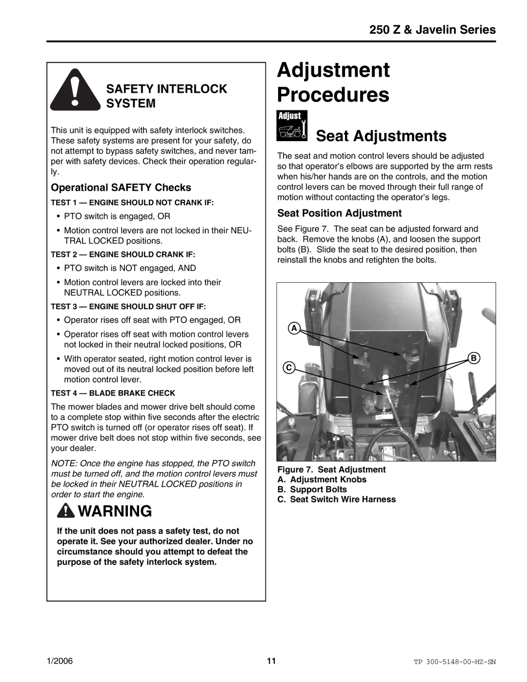 Snapper ERZT185440BVE manual Seat Adjustments, Safety Interlock System 