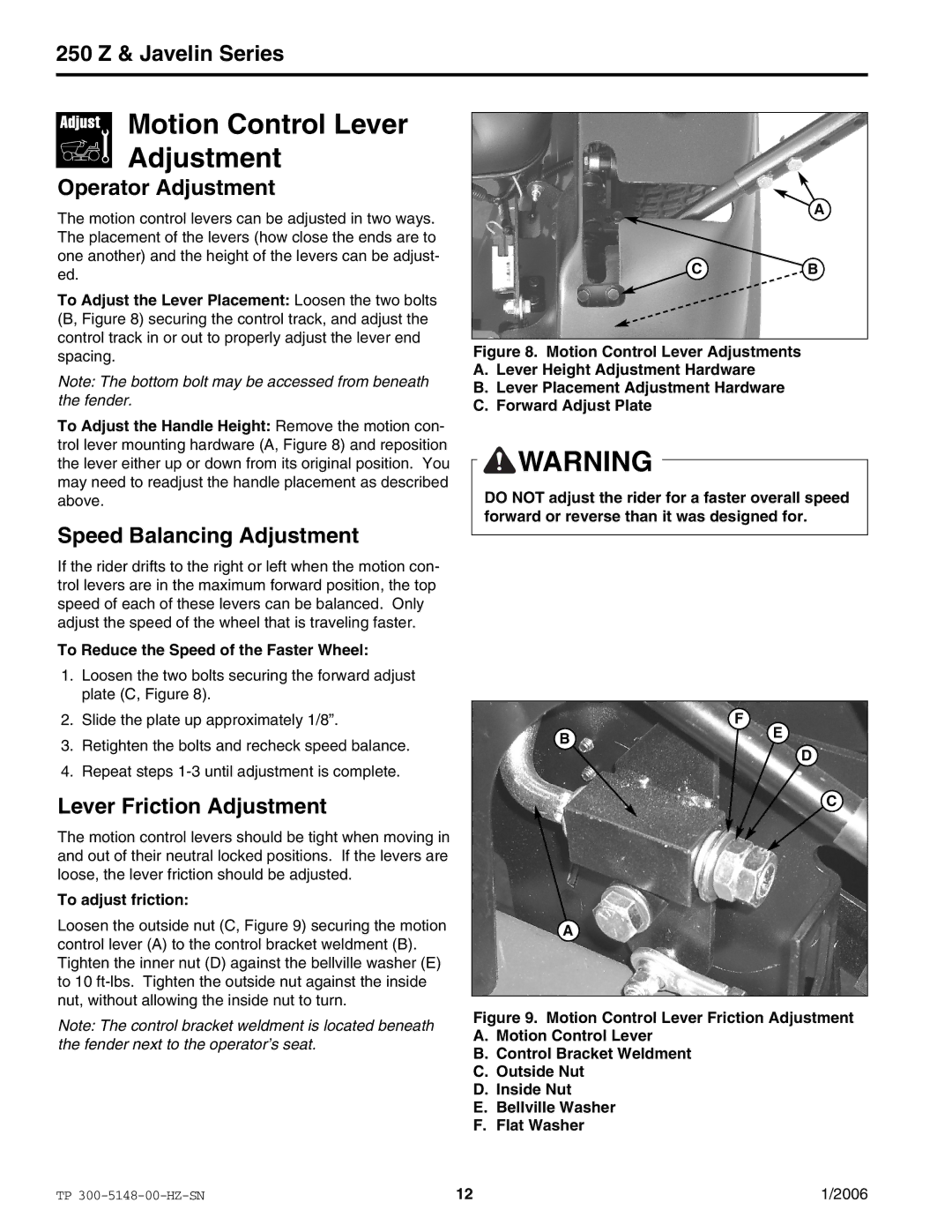 Snapper ERZT185440BVE manual Motion Control Lever Adjustment, Operator Adjustment, Speed Balancing Adjustment 