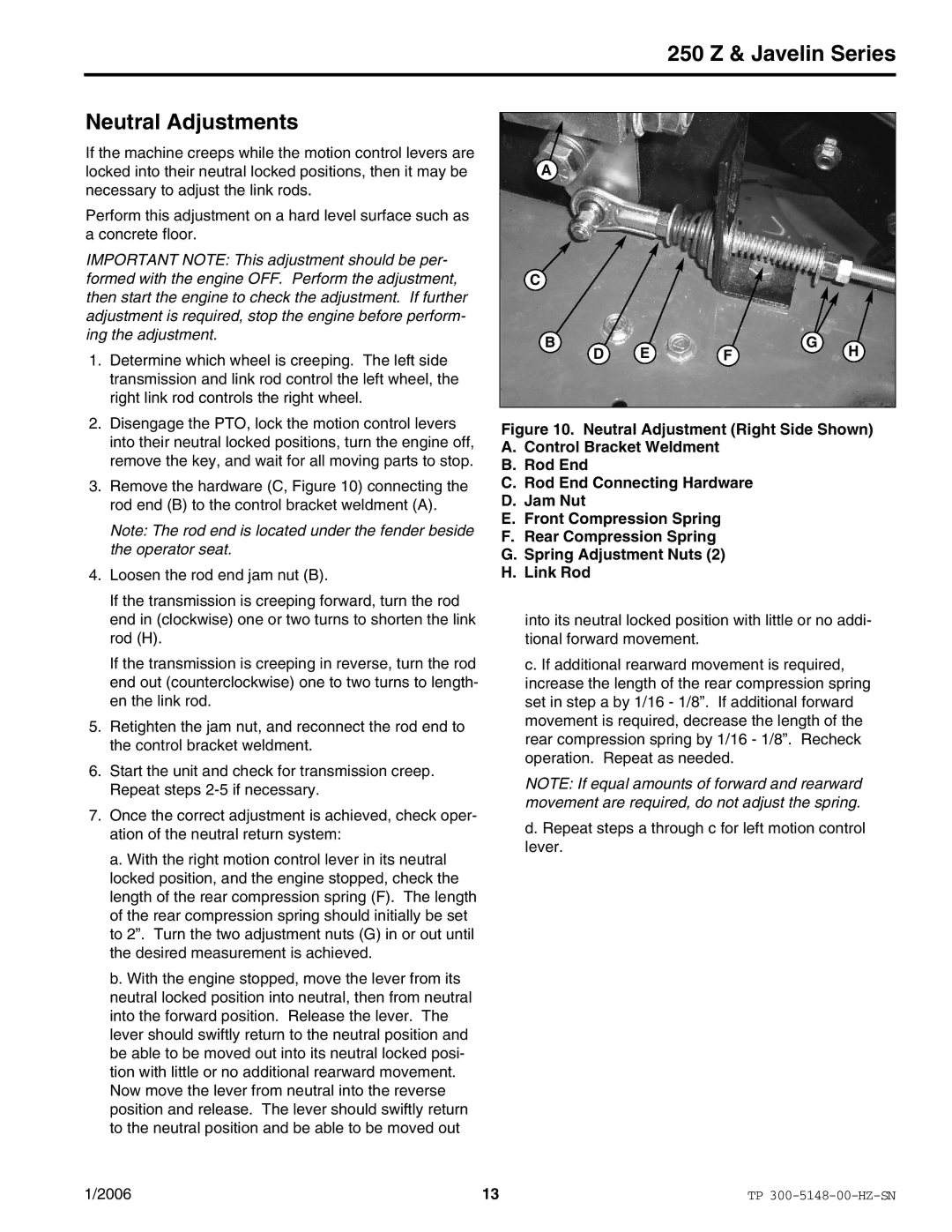 Snapper ERZT185440BVE manual 250 Z & Javelin Series Neutral Adjustments 