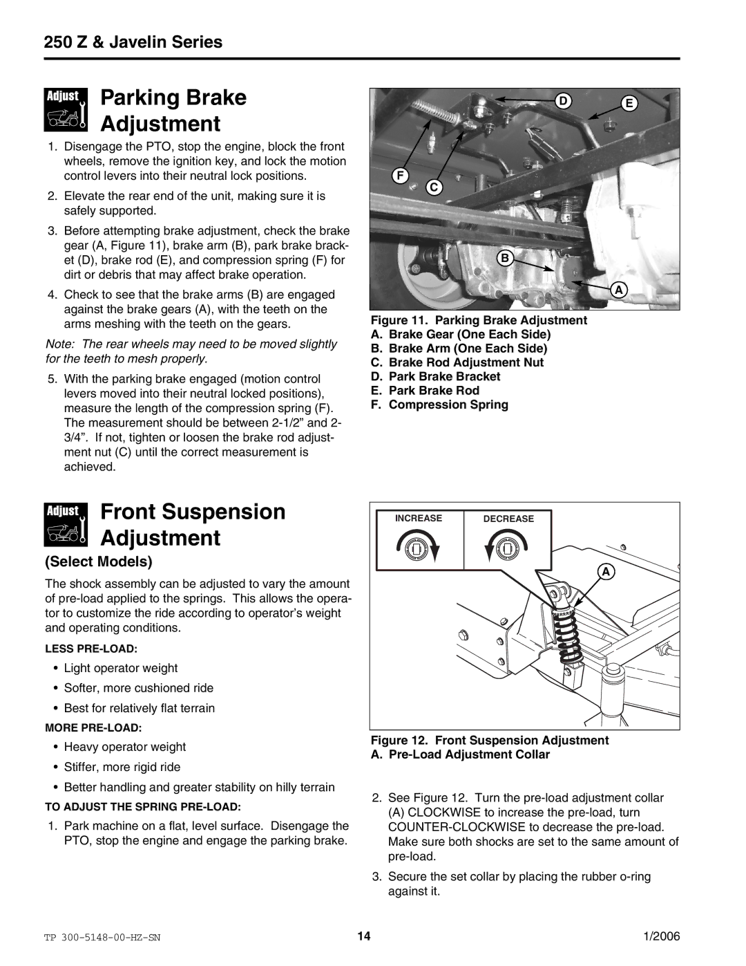 Snapper ERZT185440BVE manual Parking Brake Adjustment, Front Suspension Adjustment 