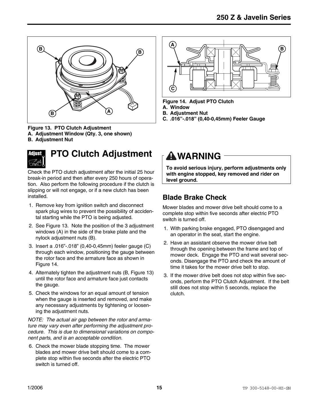 Snapper ERZT185440BVE manual PTO Clutch Adjustment, Blade Brake Check 