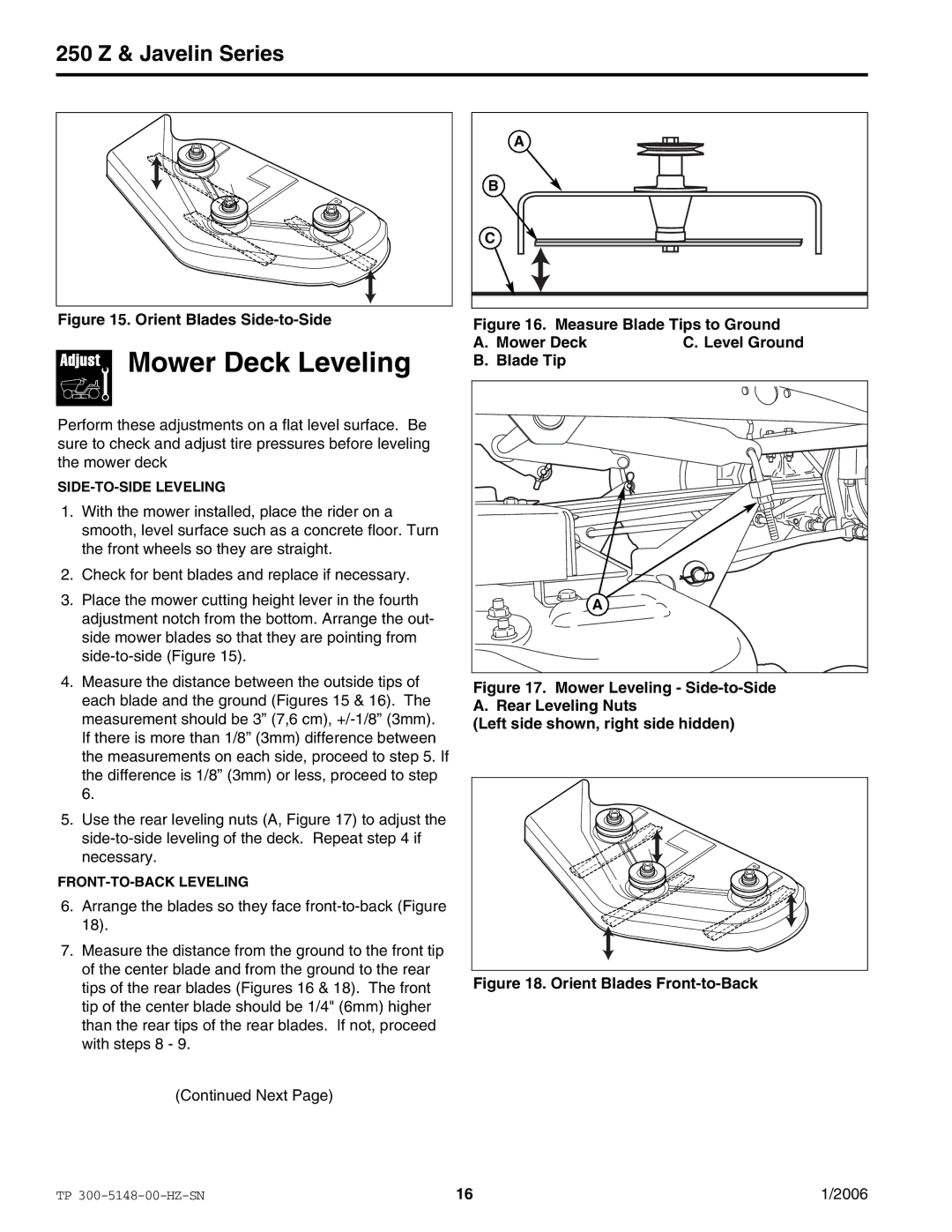 Snapper ERZT185440BVE manual Mower Deck Leveling, Orient Blades Side-to-Side 