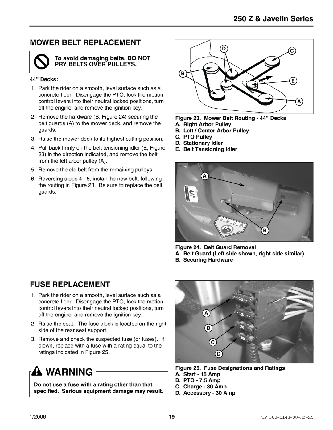 Snapper ERZT185440BVE manual Mower Belt Replacement, Fuse Replacement 