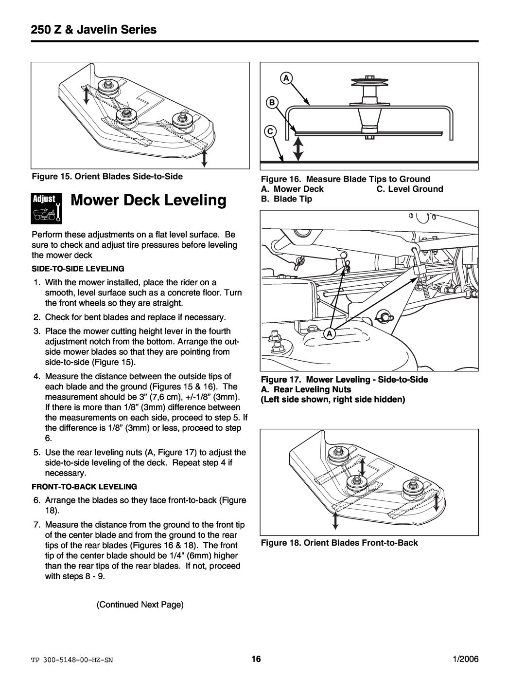 Snapper ERZT185440BVE manual Mower Deck Leveling, 250 Z & Javelin Series, Side-To-Side Leveling, Front-To-Back Leveling 