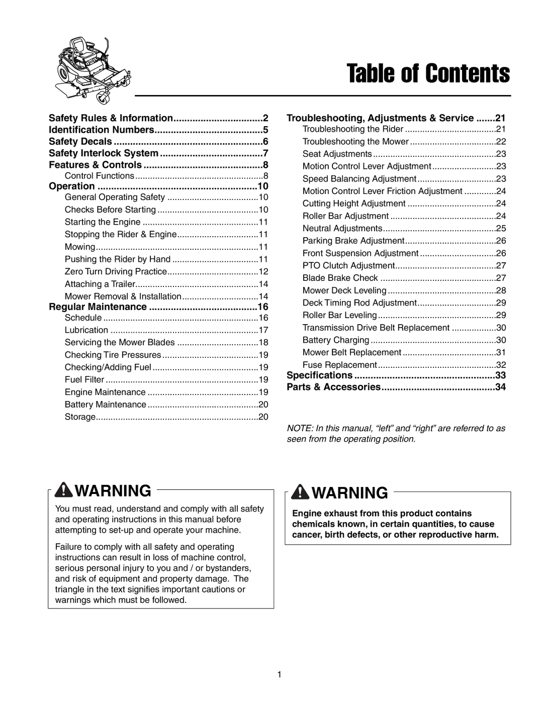 Snapper ERZT20441BVE2 manual Table of Contents 