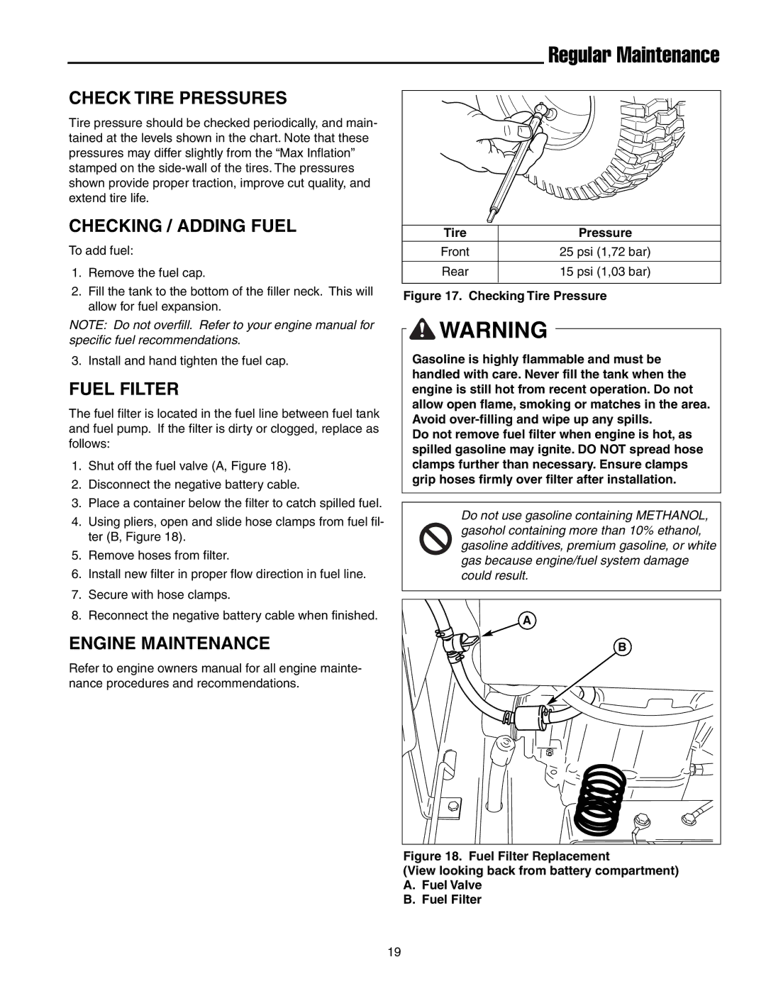 Snapper ERZT20441BVE2 manual Check Tire Pressures, Checking / Adding Fuel, Fuel Filter, Engine Maintenance 