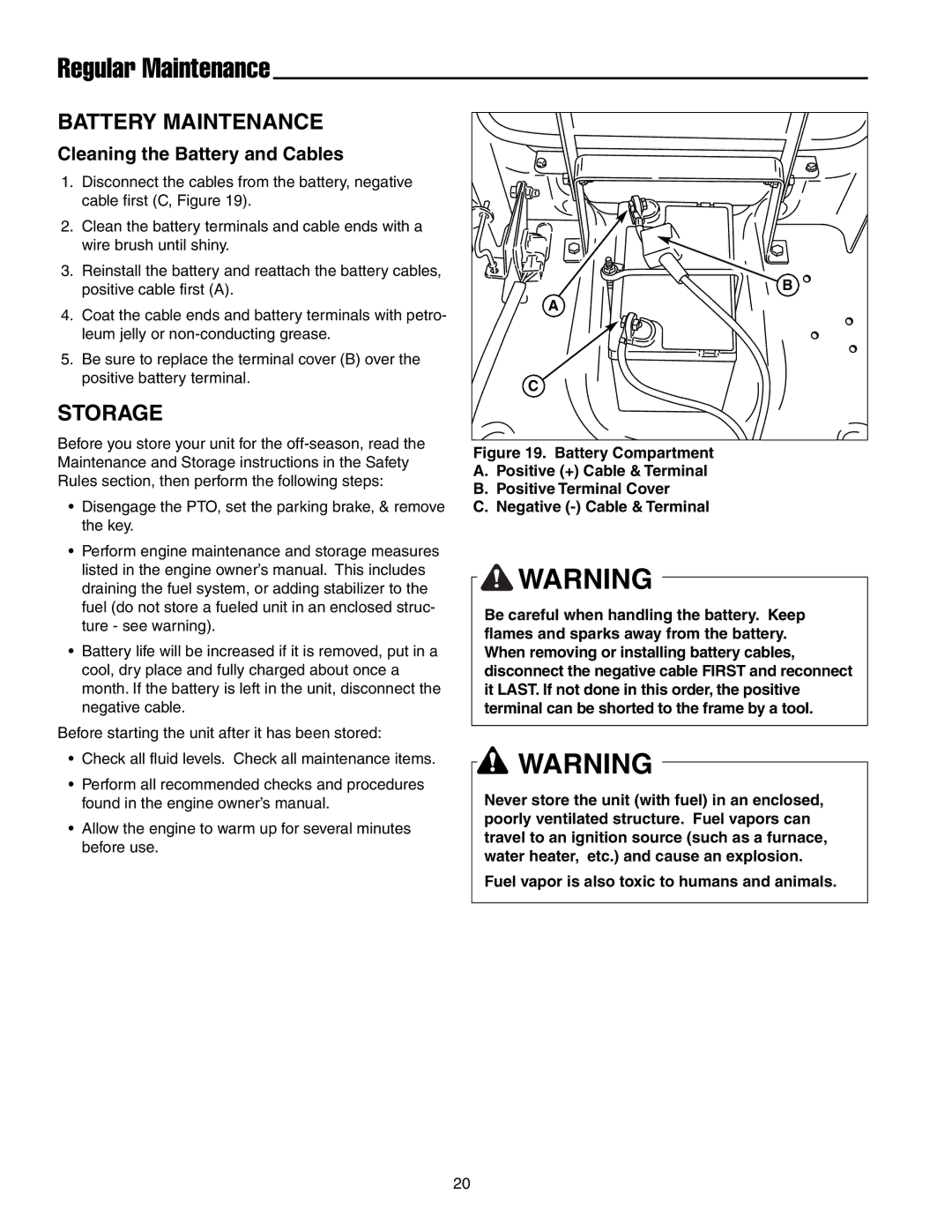 Snapper ERZT20441BVE2 manual Battery Maintenance, Storage, Cleaning the Battery and Cables 