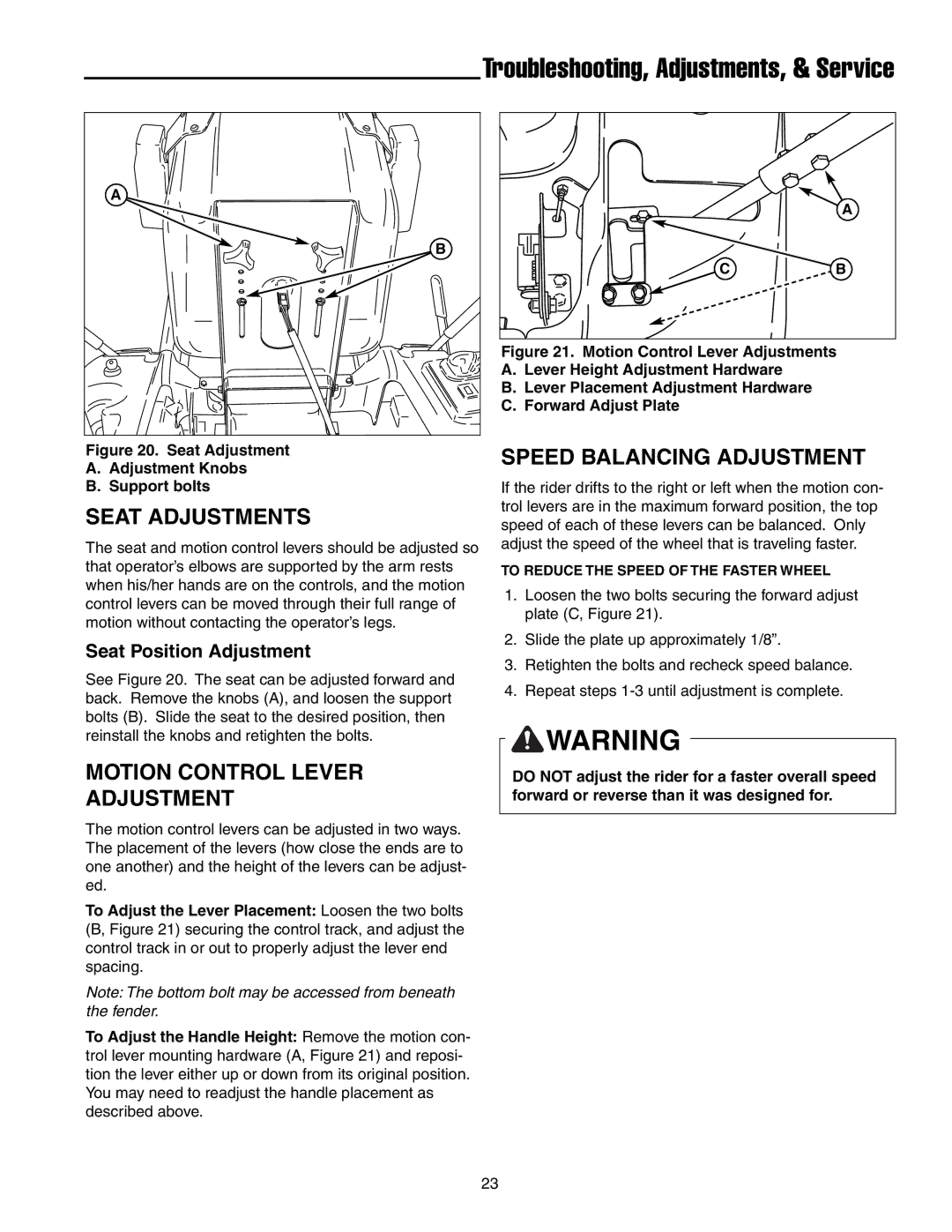 Snapper ERZT20441BVE2 manual Seat Adjustments, Motion Control Lever Adjustment, Speed Balancing Adjustment 