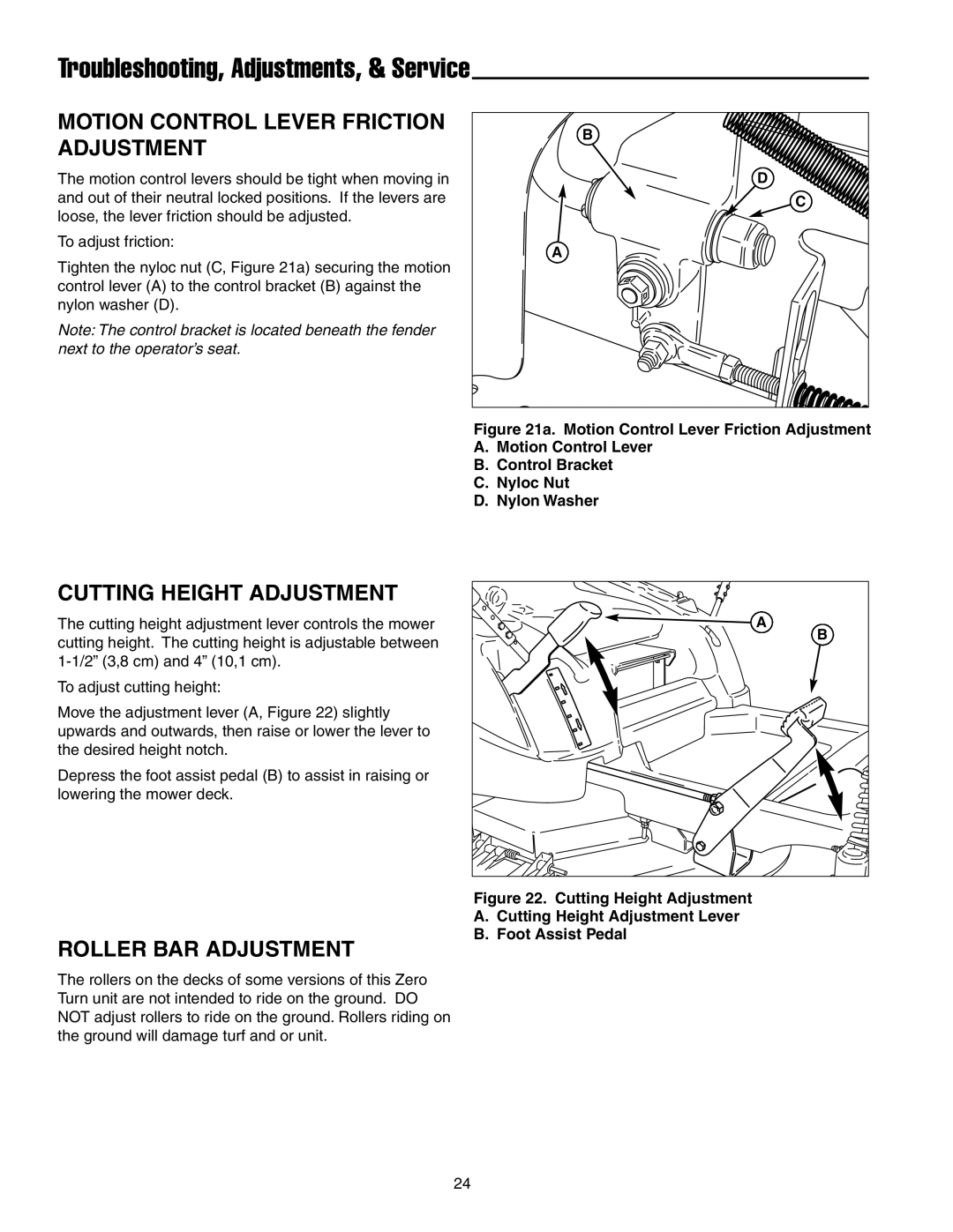 Snapper ERZT20441BVE2 manual Motion Control Lever Friction Adjustment, Cutting Height Adjustment, Roller BAR Adjustment 