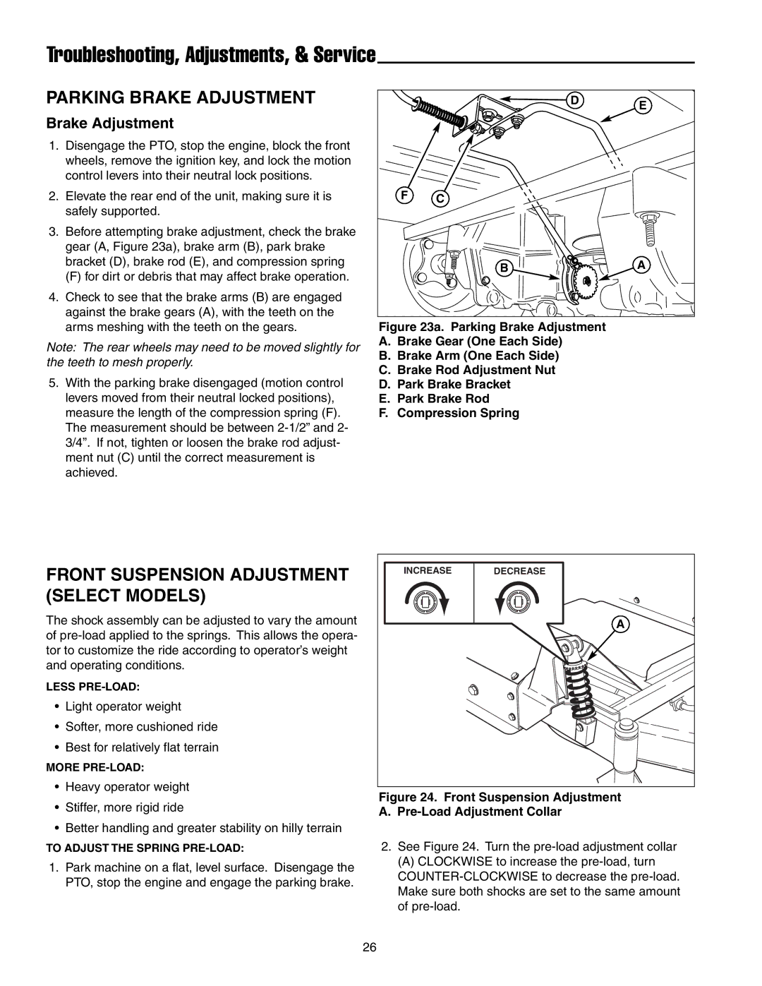 Snapper ERZT20441BVE2 manual Parking Brake Adjustment, Front Suspension Adjustment Select Models 