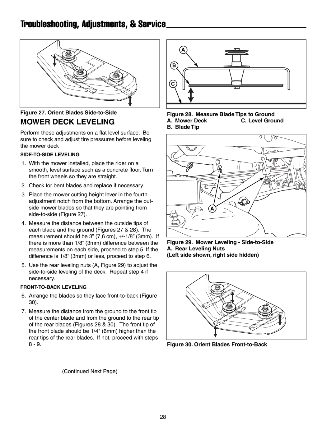 Snapper ERZT20441BVE2 manual Mower Deck Leveling, Orient Blades Side-to-Side 