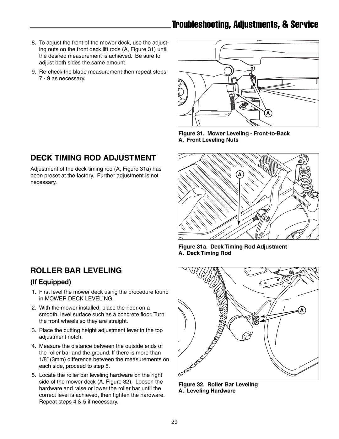 Snapper ERZT20441BVE2 manual Deck Timing ROD Adjustment, Roller BAR Leveling, If Equipped 