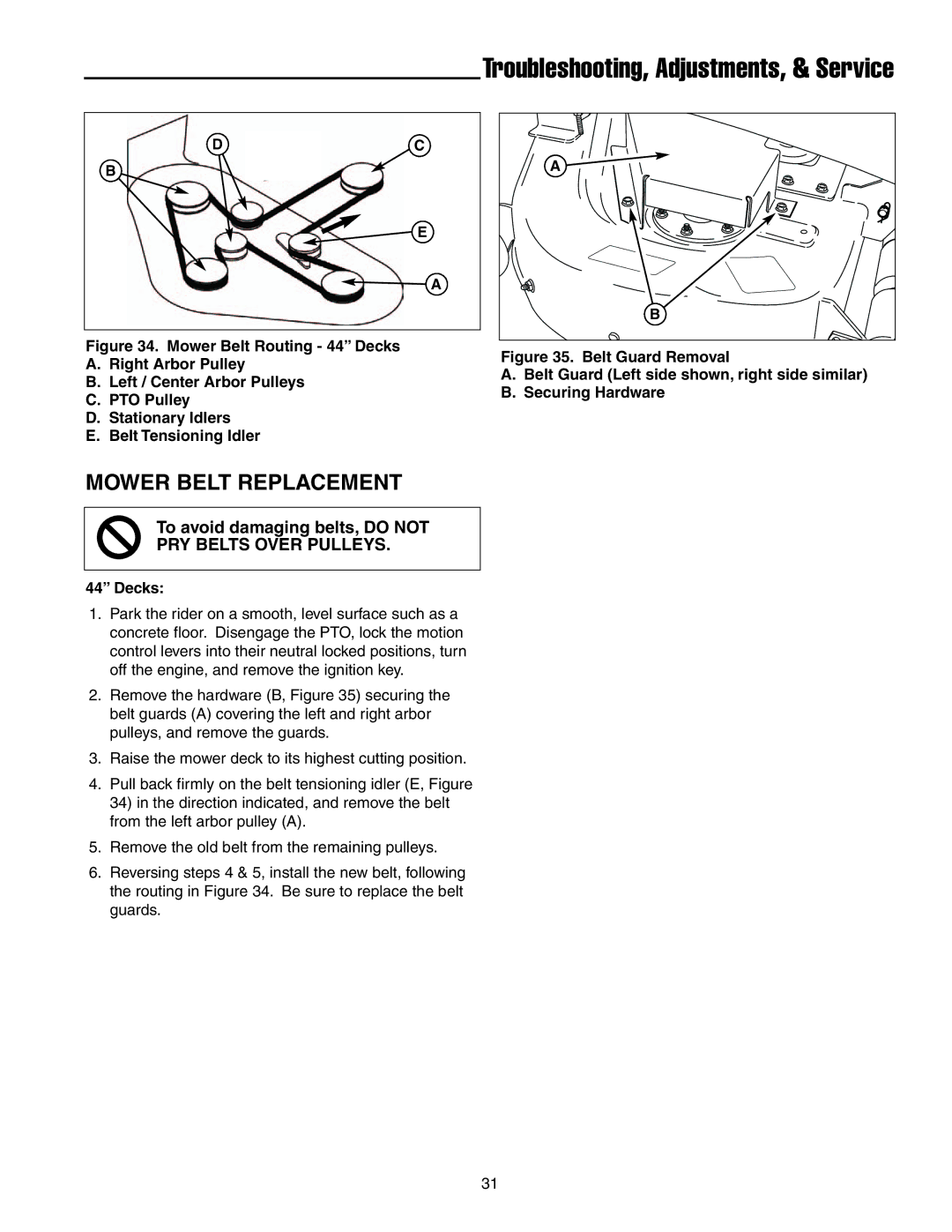 Snapper ERZT20441BVE2 manual Mower Belt Replacement, PRY Belts Over Pulleys 