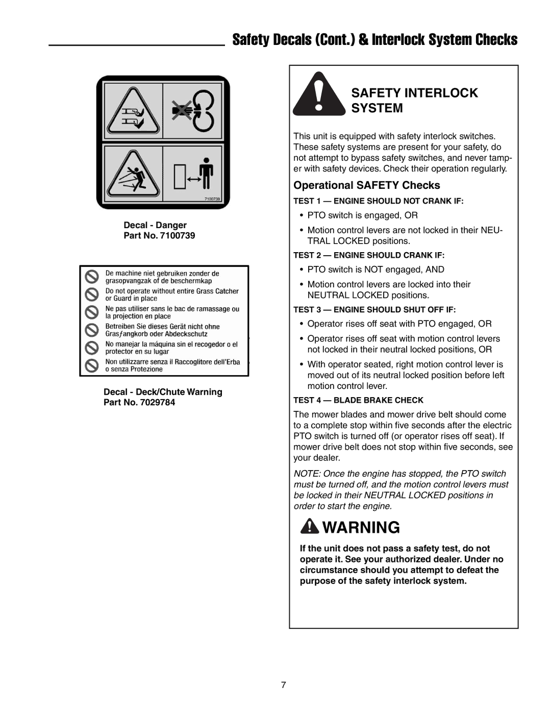 Snapper ERZT20441BVE2 manual Safety Interlock System, Operational Safety Checks 