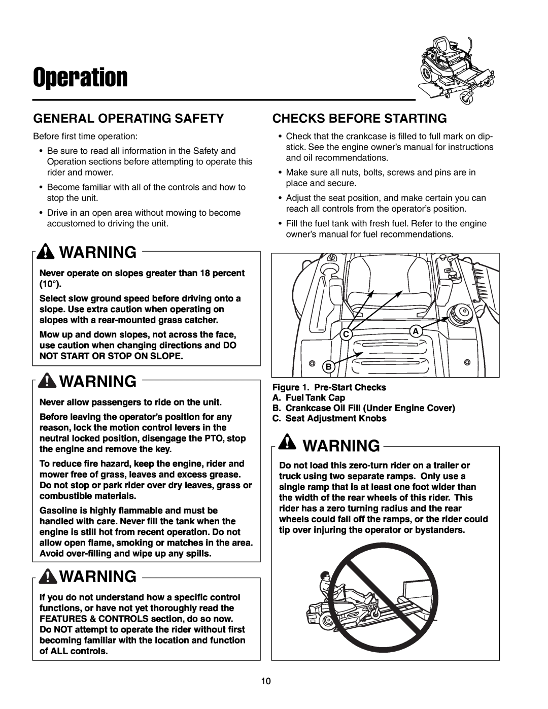 Snapper ERZT20441BVE2 manual Operation, General Operating Safety, Checks Before Starting 