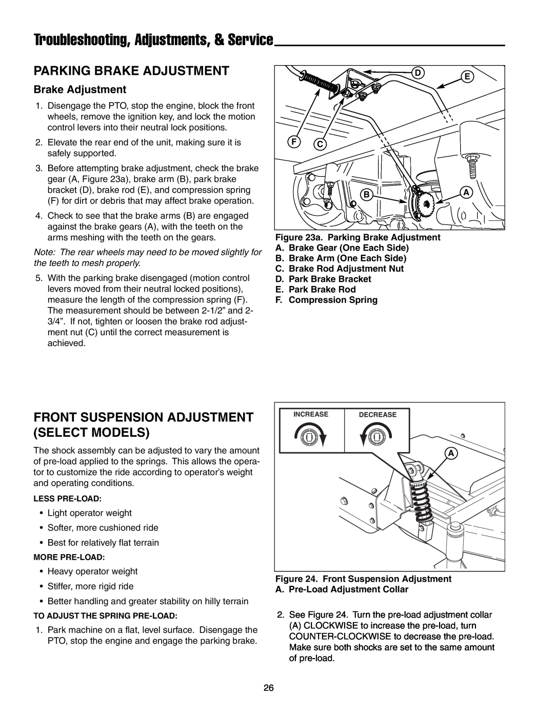 Snapper ERZT20441BVE2 manual Parking Brake Adjustment, Front Suspension Adjustment Select Models 