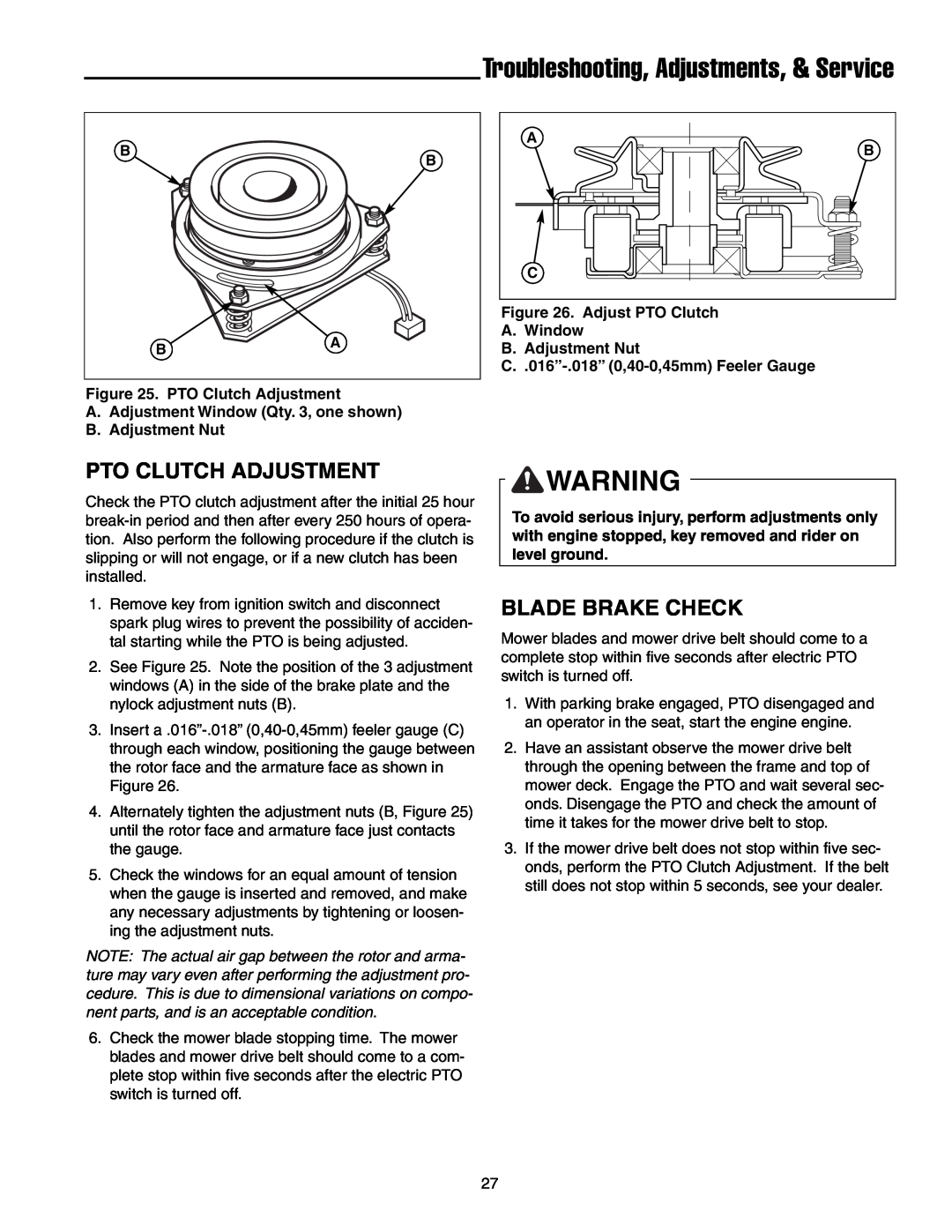 Snapper ERZT20441BVE2 manual Pto Clutch Adjustment, Blade Brake Check, Troubleshooting, Adjustments, & Service 