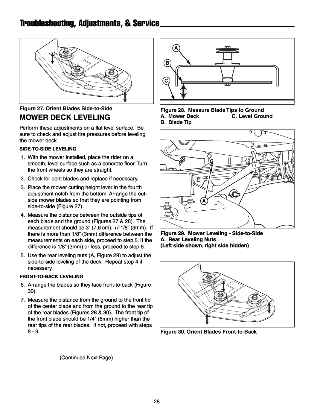 Snapper ERZT20441BVE2 manual Mower Deck Leveling, Troubleshooting, Adjustments, & Service, Side-To-Side Leveling 
