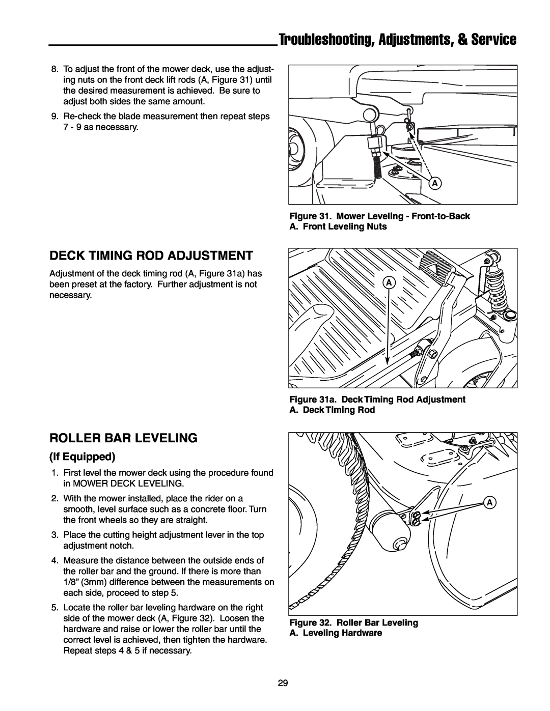 Snapper ERZT20441BVE2 manual Deck Timing Rod Adjustment, Roller Bar Leveling, Troubleshooting, Adjustments, & Service 