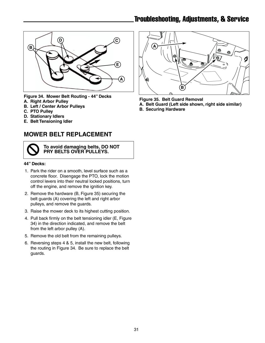Snapper ERZT20441BVE2 manual Mower Belt Replacement, Troubleshooting, Adjustments, & Service 