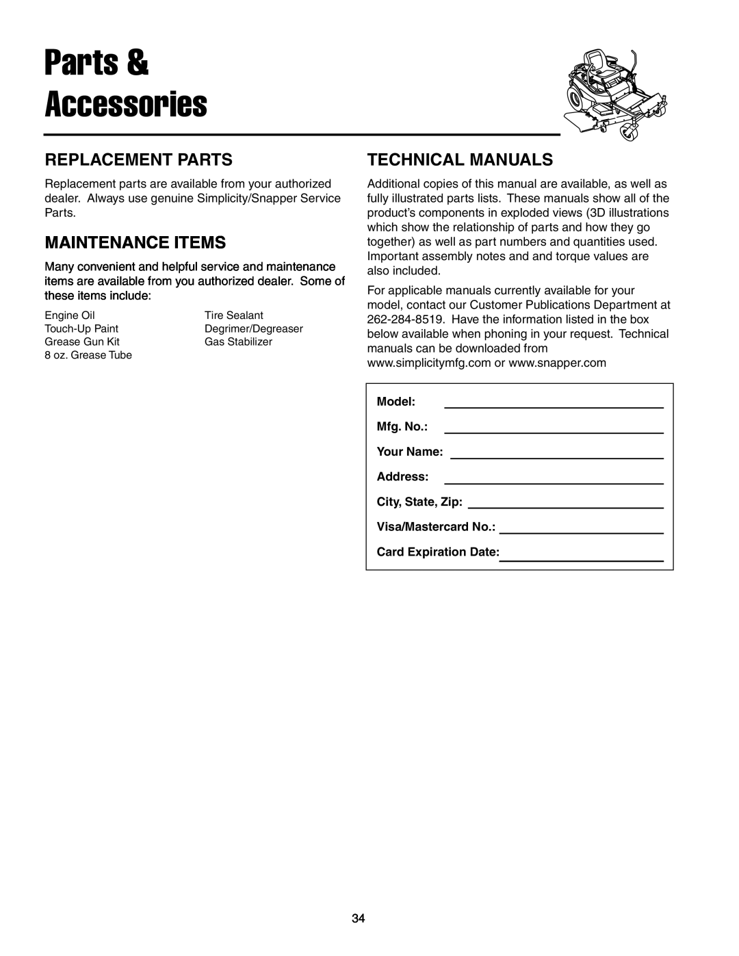 Snapper ERZT20441BVE2 manual Replacement Parts, Maintenance Items, Technical Manuals, Parts & Accessories 