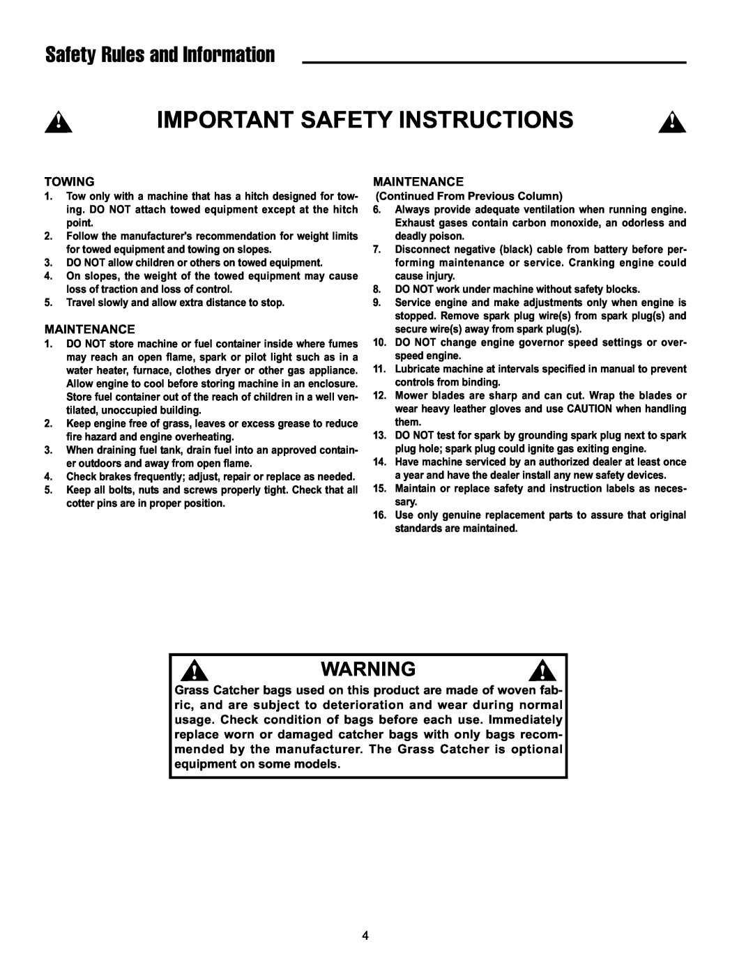 Snapper ERZT20441BVE2 manual Important Safety Instructions, Safety Rules and Information, Towing, Maintenance 