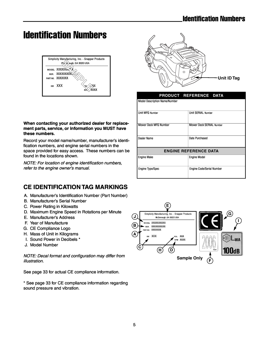 Snapper ERZT20441BVE2 manual Identification Numbers, Ce Identification Tag Markings 