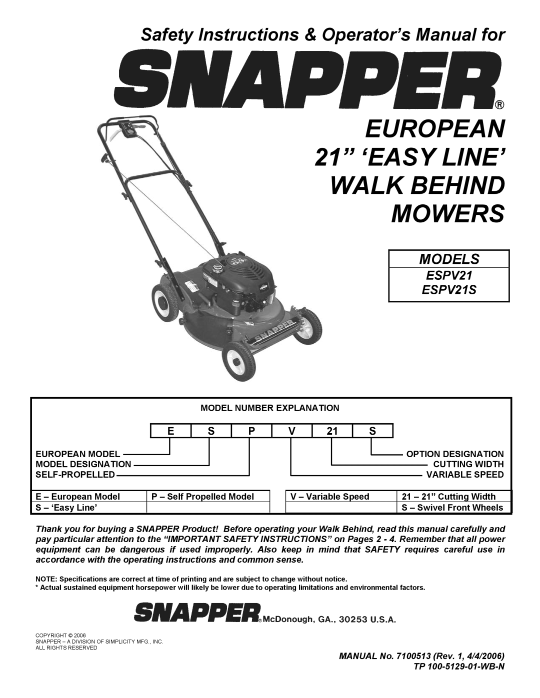 Snapper ESPV21, ESPV21S important safety instructions European Model Self Propelled Model ‘Easy Line’, Option Designation 