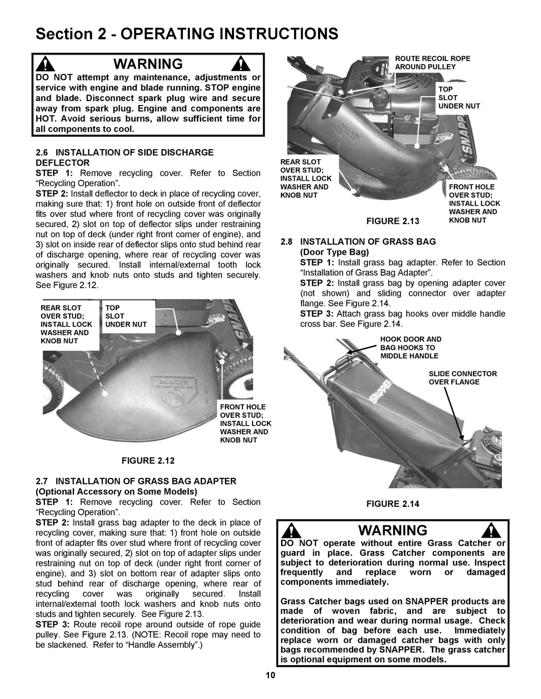 Snapper ESPV21, ESPV21S Installation of Side Discharge, Deflector, Installation of Grass BAG, Door Type Bag 