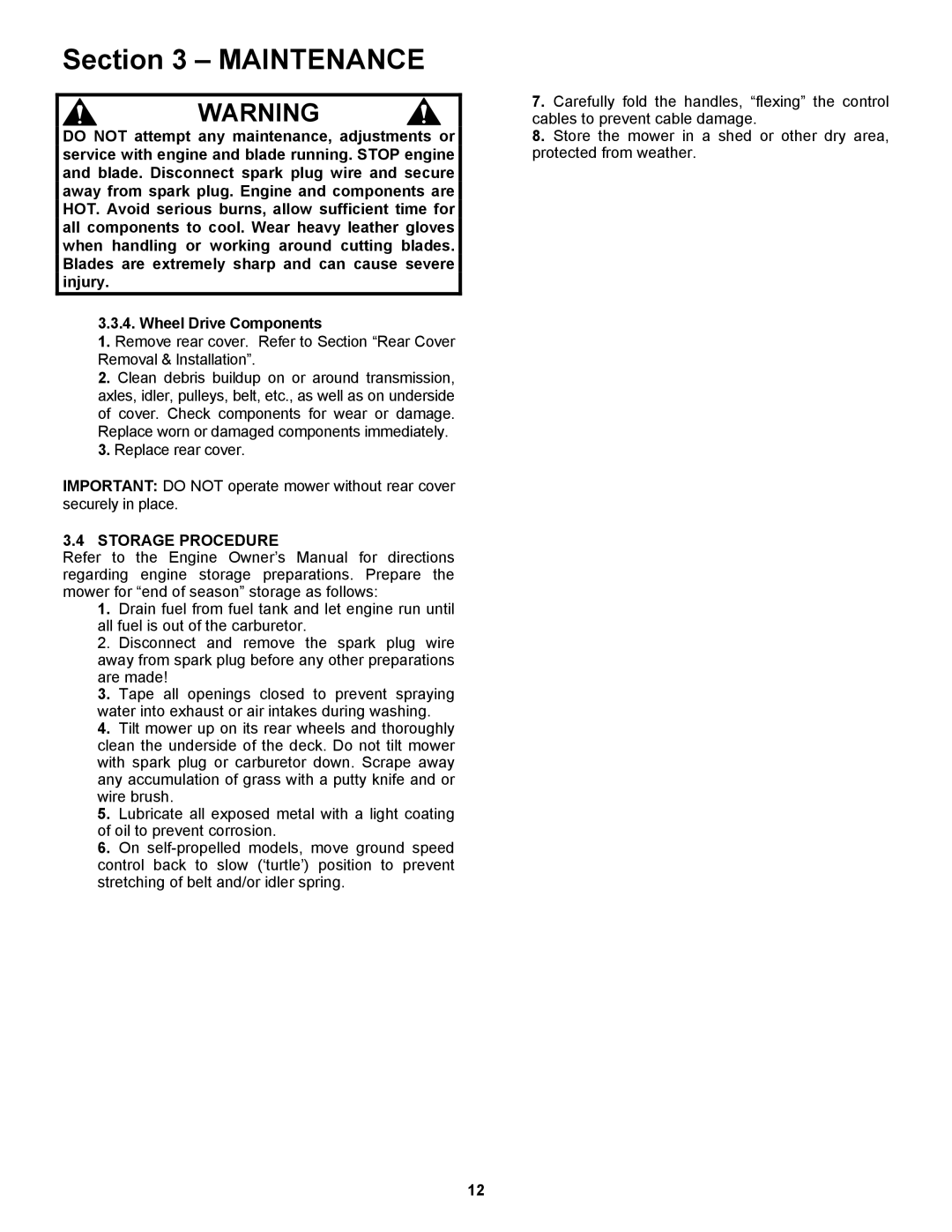 Snapper ESPV21, ESPV21S important safety instructions Storage Procedure 