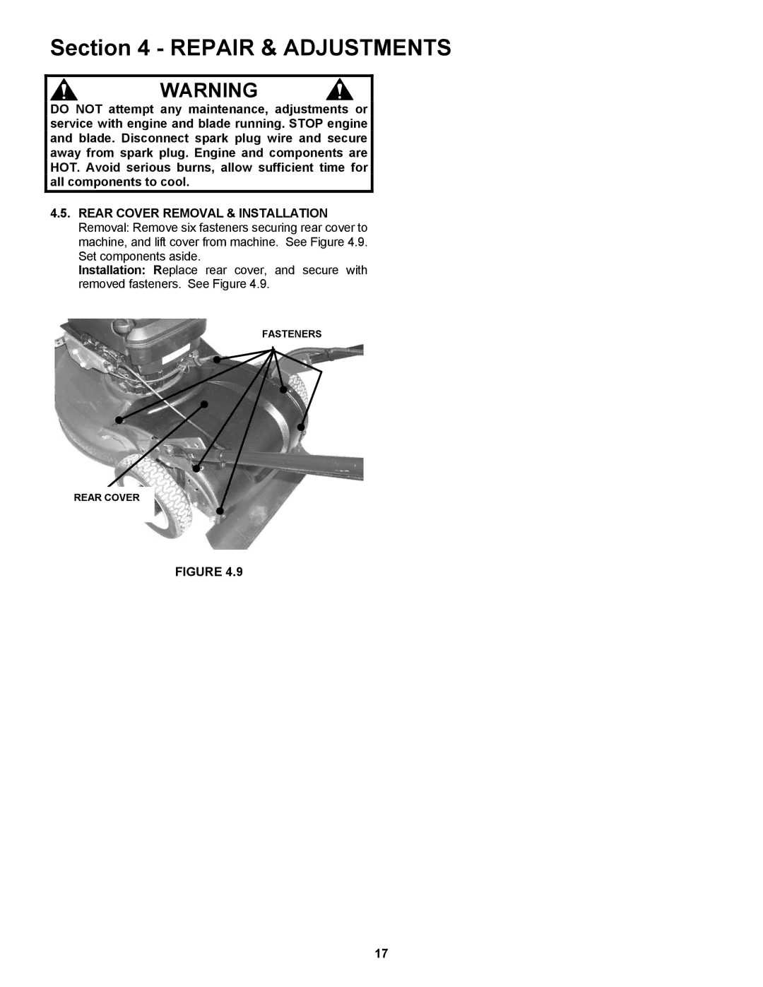 Snapper ESPV21, ESPV21S important safety instructions Fasteners Rear Cover 